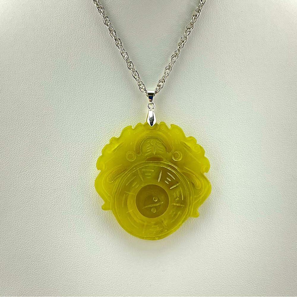 New Jade Dragon Spinner Pendant, Handmade, Yellow Green Jade, Unisex, 24" L - Picture 9 of 10